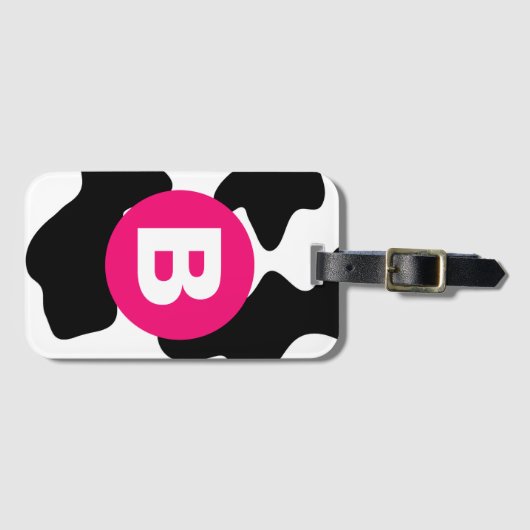 Quirky Cow Patch Pattern Pink Monogram Bagagelabel (Voorkant (horizontaal))