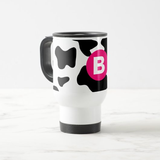 Quirky Cow Patch Pattern Pink Monogram Reisbeker (Voorkant links)