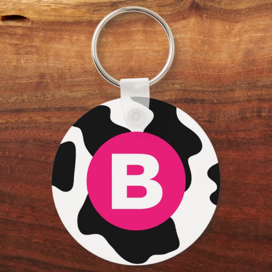 Quirky Cow Patch Pattern Pink Monogram Sleutelhanger (Achterkant)