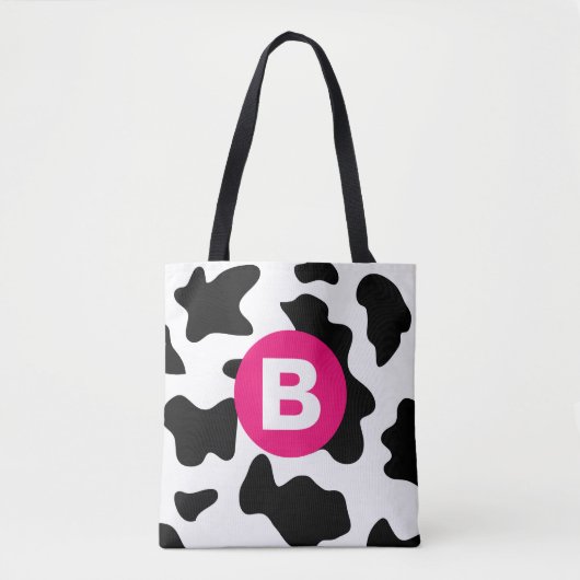 Quirky Cow Patch Pattern Pink Monogram Tote Bag (Voorkant)