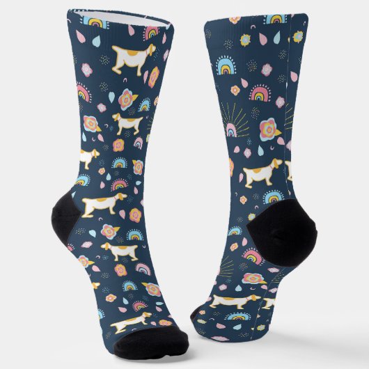 Quirky Cute Dog and Rainbow Pattern Blue Sokken (Gebogen)
