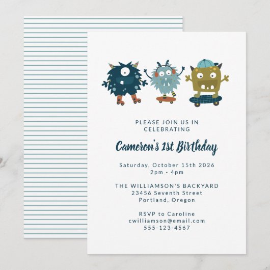 Quirky Cute Skateboard Monsters 1e verjaardag Kaart (Voorkant / Achterkant)