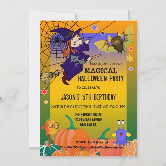 Quirky Cute Witch Kinder Halloween Party Invitatio Kaart (Voorkant)