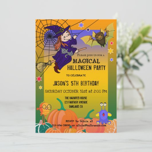 Quirky Cute Witch Kinder Halloween Party Invitatio Kaart (Staand voorkant)