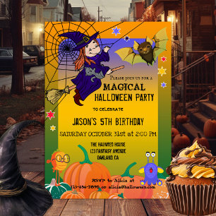 Quirky Cute Witch Kinder Halloween Party Invitatio Kaart