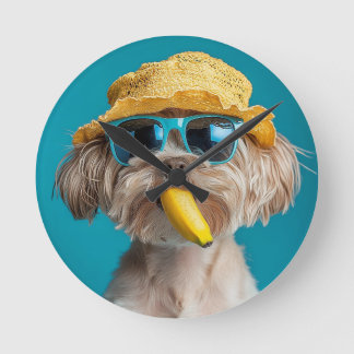 Quirky Dog Wall Clock with Sunglasses, Hat, and Ba Ronde Klok