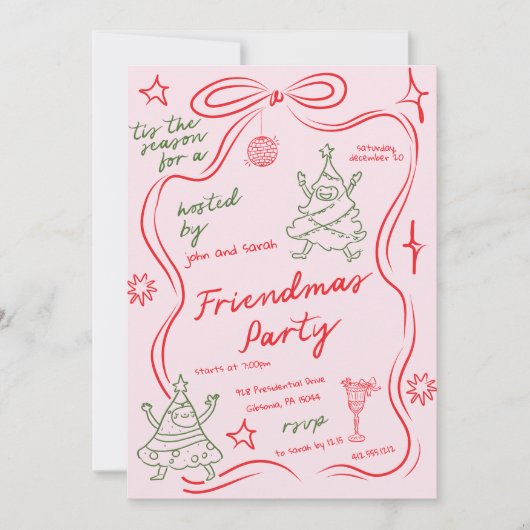 Quirky Doodle Christmas Friendmas Party Invitation Kaart (Voorkant)