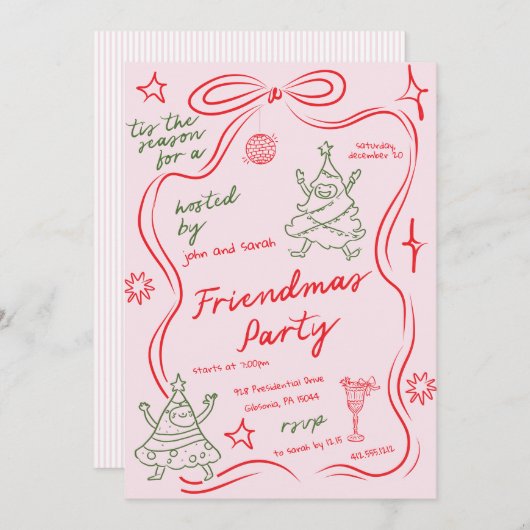 Quirky Doodle Christmas Friendmas Party Invitation Kaart (Voorkant / Achterkant)