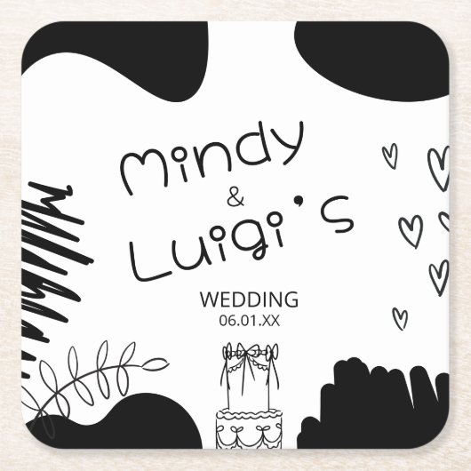 Quirky Doodle Shapes Script Wedding Kartonnen Onderzetters (Voorkant)