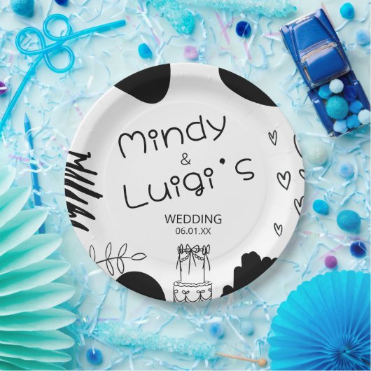 Quirky Doodle Shapes Script Wedding Papieren Bordje (Feest)