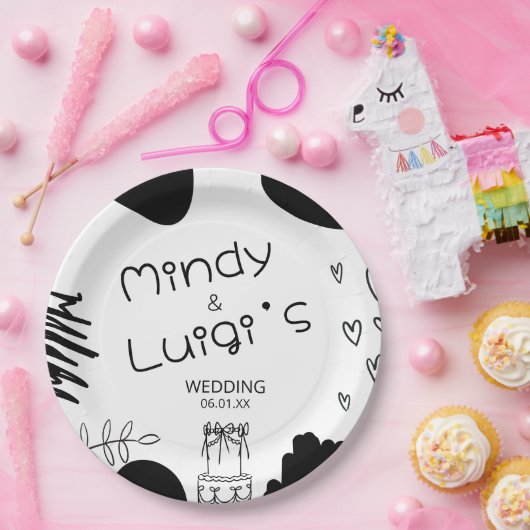 Quirky Doodle Shapes Script Wedding Papieren Bordje (Feest)