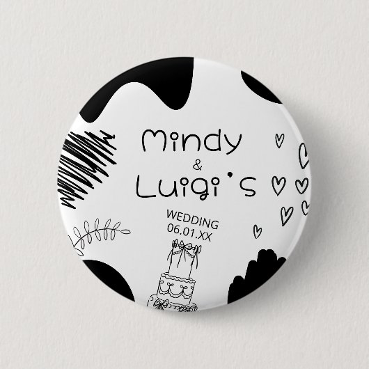 Quirky Doodle Shapes Script Wedding Ronde Button 5,7 Cm (Voorkant)