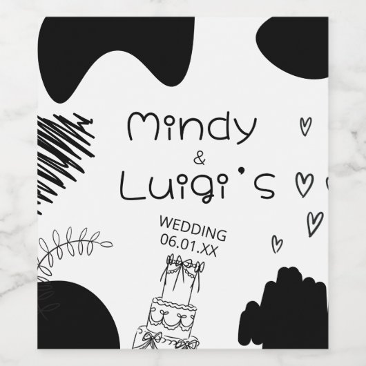Quirky Doodle Shapes Script Wedding Wijn Etiket (Enkel label)