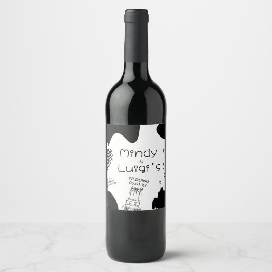 Quirky Doodle Shapes Script Wedding Wijn Etiket (Voorkant)