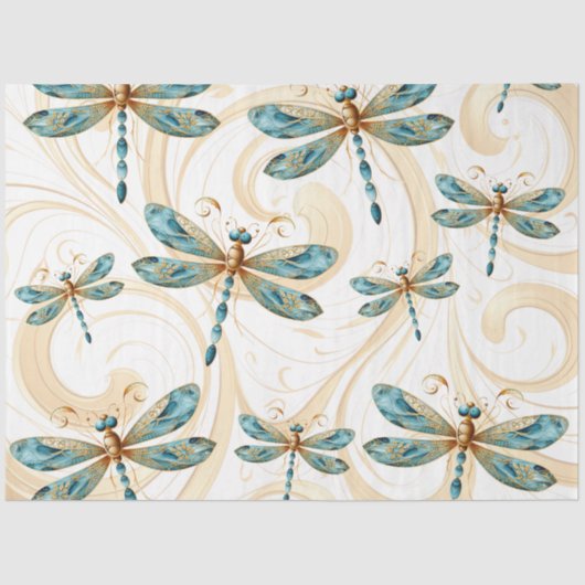 Quirky Dragonfly Patroon in Aqua en Goud Tissuepapier (Voorkant)