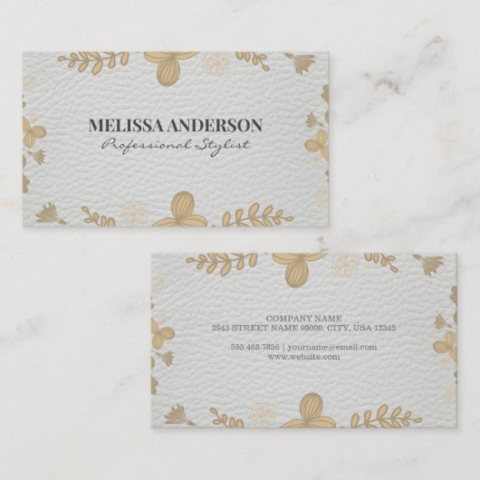 Quirky Floral Pattern White Leather Visitekaartje (Voorkant / Achterkant)