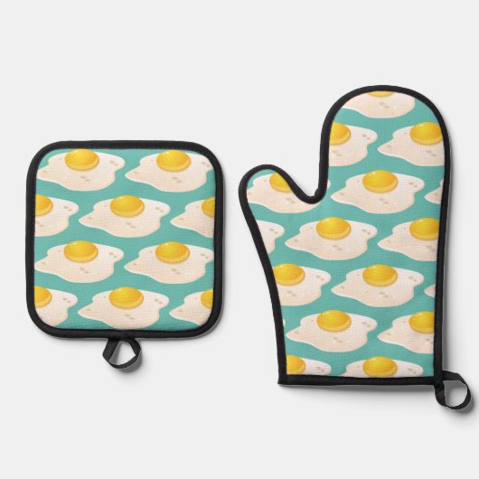 Quirky Fried Egg Graphic Pattern op Blauwgroen Ovenwant & Pannenlap Set (Voorkant)