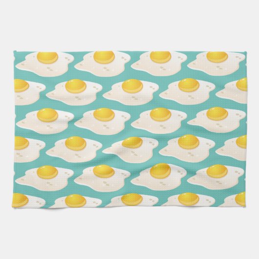 Quirky Fried Egg Graphic Pattern op Blauwgroen Theedoek (Horizontaal)