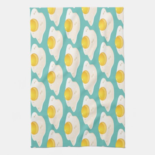 Quirky Fried Egg Graphic Pattern op Blauwgroen Theedoek (Verticaal)