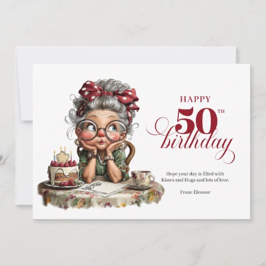 Quirky fun 50 lady greeting whimsical birthday kaart (Voorkant)
