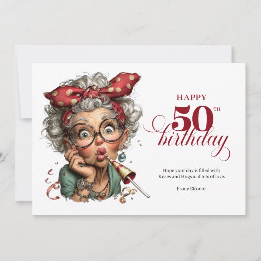 Quirky Funny Lady 50th Birthday Humor Cartoon Card Kaart (Voorkant)