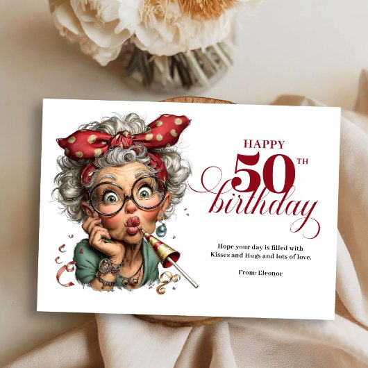 Quirky Funny Lady 50th Birthday Humor Cartoon Card Kaart