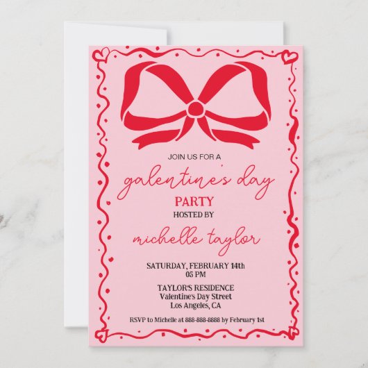 Quirky Galentines Day Party Roze en rode strikken Kaart (Voorkant)