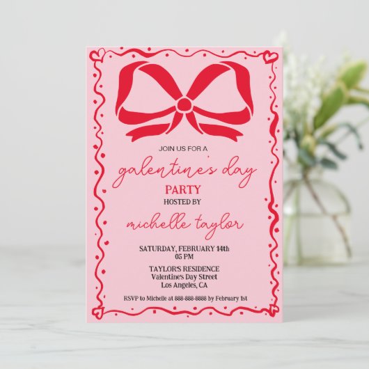 Quirky Galentines Day Party Roze en rode strikken Kaart (Staand voorkant)