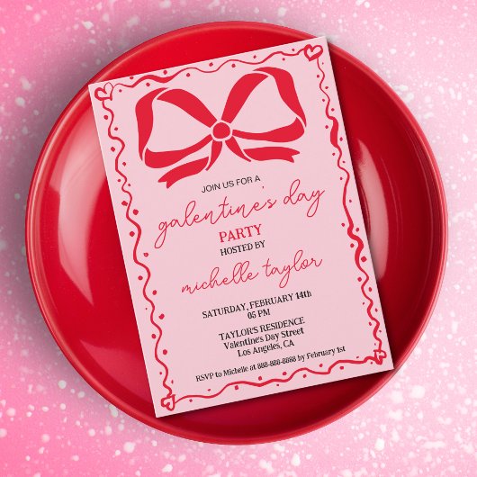 Quirky Galentines Day Party Roze en rode strikken Kaart
