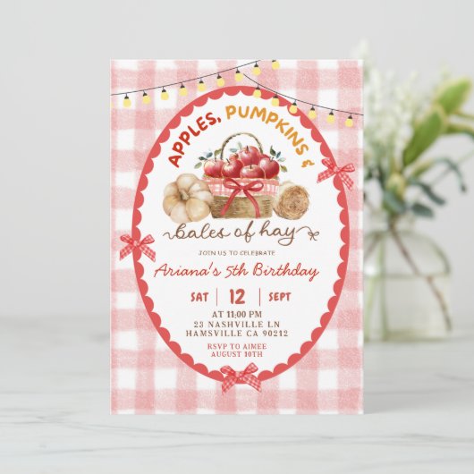 Quirky Gingham Appels Pompoenen en balen van hooi Kaart (Staand voorkant)