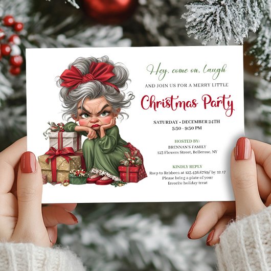 Quirky Grandma Christmas Cartoon Party Invitation Kaart