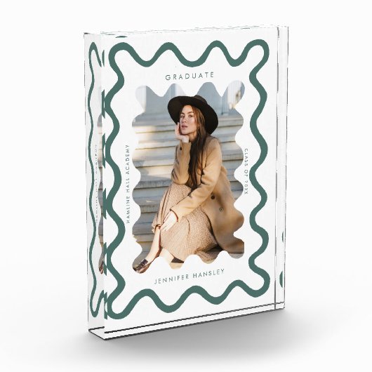 Quirky Green Wavy Line Afstuderen Keepsake Fotoblokken (Links)