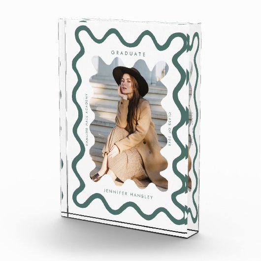 Quirky Green Wavy Line Afstuderen Keepsake Fotoblokken (Rechts)