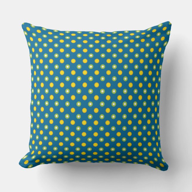 Quirky Green Yellow Polka Dots op donkerblauw Kussen (Voorkant)