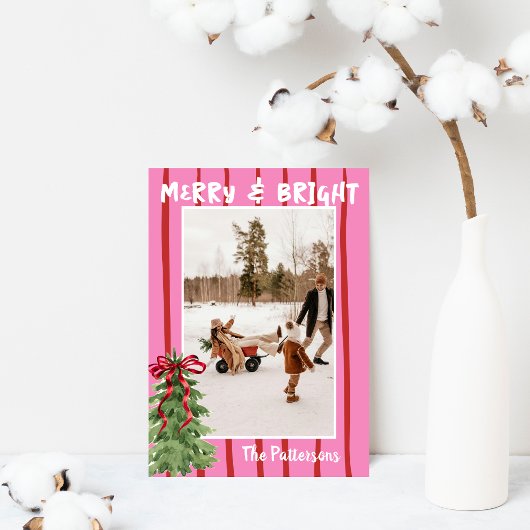 Quirky Hand Drawn Bold Retro Pink Photo Christmas Feestdagenkaart