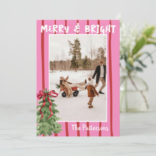 Quirky Hand Drawn Bold Retro Pink Photo Christmas Feestdagenkaart (Staand voorkant)