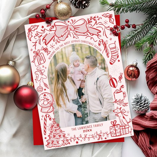 Quirky Hand Drawn Bow Pink and Red Photo Christmas Feestdagenkaart