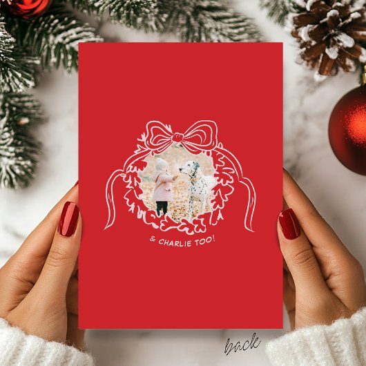 Quirky Hand Drawn Bow Pink and Red Photo Christmas Feestdagenkaart