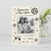 Quirky Hand-Drawn Doodles New Year Photo Black Feestdagenkaart (Staand voorkant)