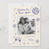 Quirky Hand-Drawn Doodles New Year Photo Blue Feestdagenkaart (Voorkant)