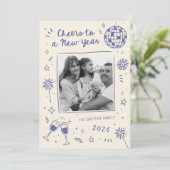 Quirky Hand-Drawn Doodles New Year Photo Blue Feestdagenkaart (Staand voorkant)