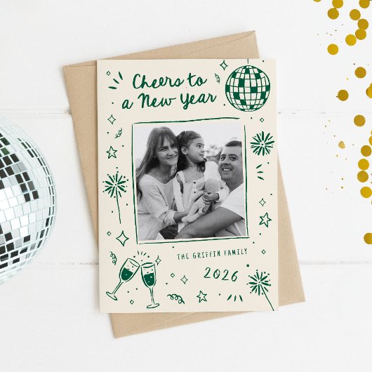 Quirky Hand-Drawn Doodles New Year Photo Green Feestdagenkaart