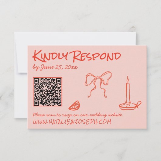 Quirky Hand Drawn Pink Red Unique QR Code Wedding RSVP Kaartje (Voorkant)