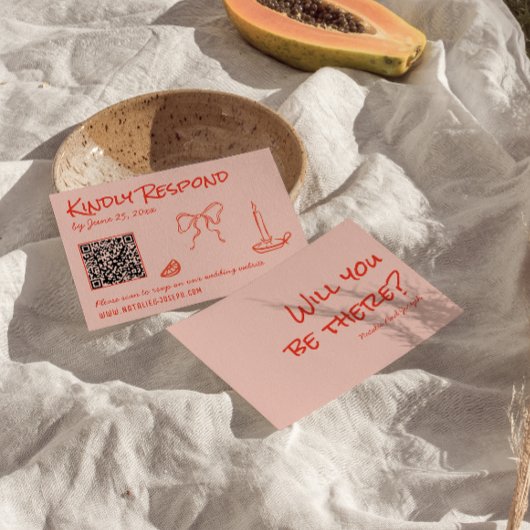 Quirky Hand Drawn Pink Red Unique QR Code Wedding RSVP Kaartje