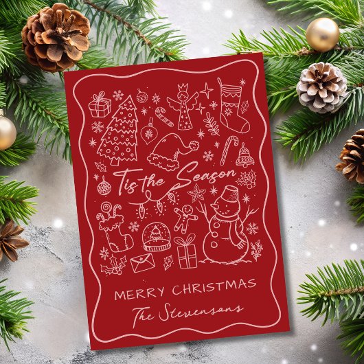 Quirky Hand Drawn Red Pink Folded Photo Christmas  Feestdagen Kaart