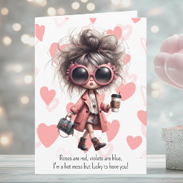 Quirky Hot Mess Girl Pink Hearts Valentine's Day Feestdagen Kaart
