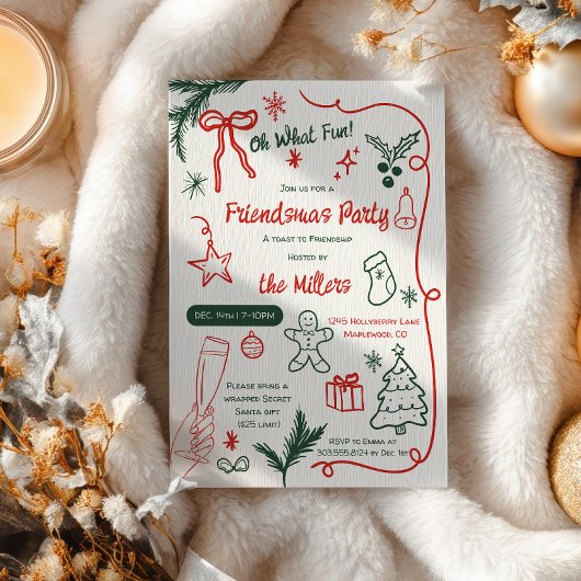 Quirky Illustrated Red Green Friendsmas Christmas Kaart