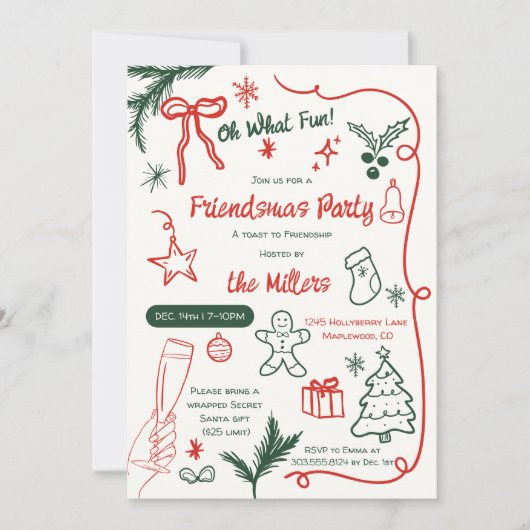 Quirky Illustrated Red Green Friendsmas Christmas Kaart (Voorkant)