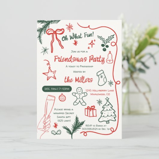 Quirky Illustrated Red Green Friendsmas Christmas Kaart (Staand voorkant)
