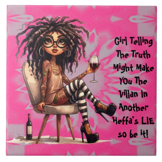 Quirky Lady Tattoo & Wine Truth Keramische Tegel Tegeltje (Voorkant)